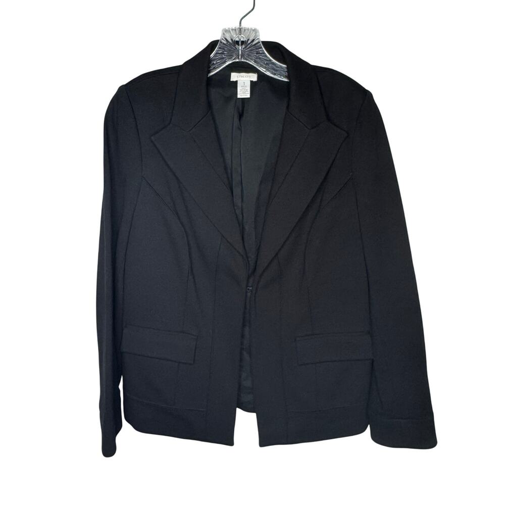 Chico’s Black One Button Blazer Jacket Women’s Size 1 M 8-10 Stretch Career Work